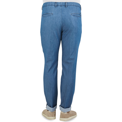 Canali Washed Denim Blue Cotton Casual Trousers Back
