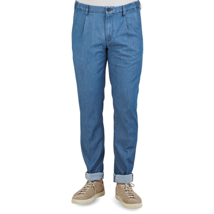 Canali Washed Denim Blue Cotton Casual Trousers Front