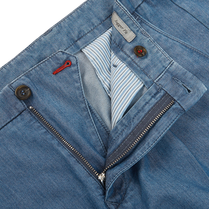 Canali Washed Denim Blue Cotton Casual Trousers Zipper