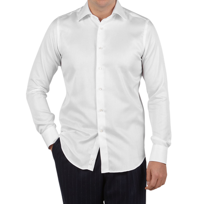 Canali White Cotton Cut Away Impeccabile Shirt Front