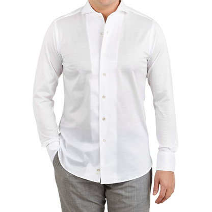 Canali White Cotton Jersey Casual Shirt Front
