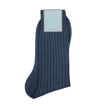 Airforce Blue Ribbed Cotton Socks by Canali, made from luxurious Egyptian cotton and featuring a tag at the top, offering a superior fit.