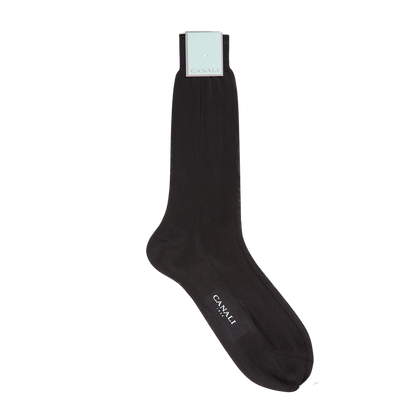 A pair of Canali black ankle length silk dress socks on a white background.