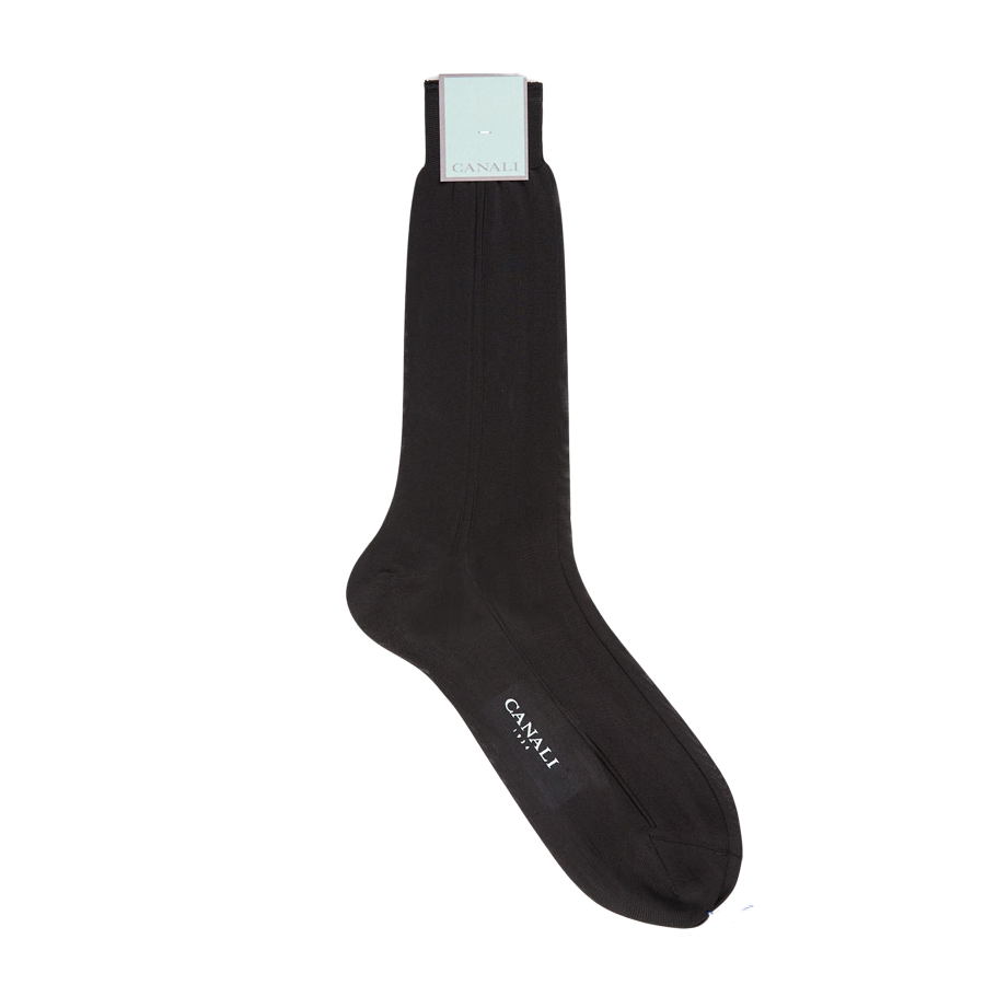 A pair of Canali black ankle length silk dress socks on a white background.