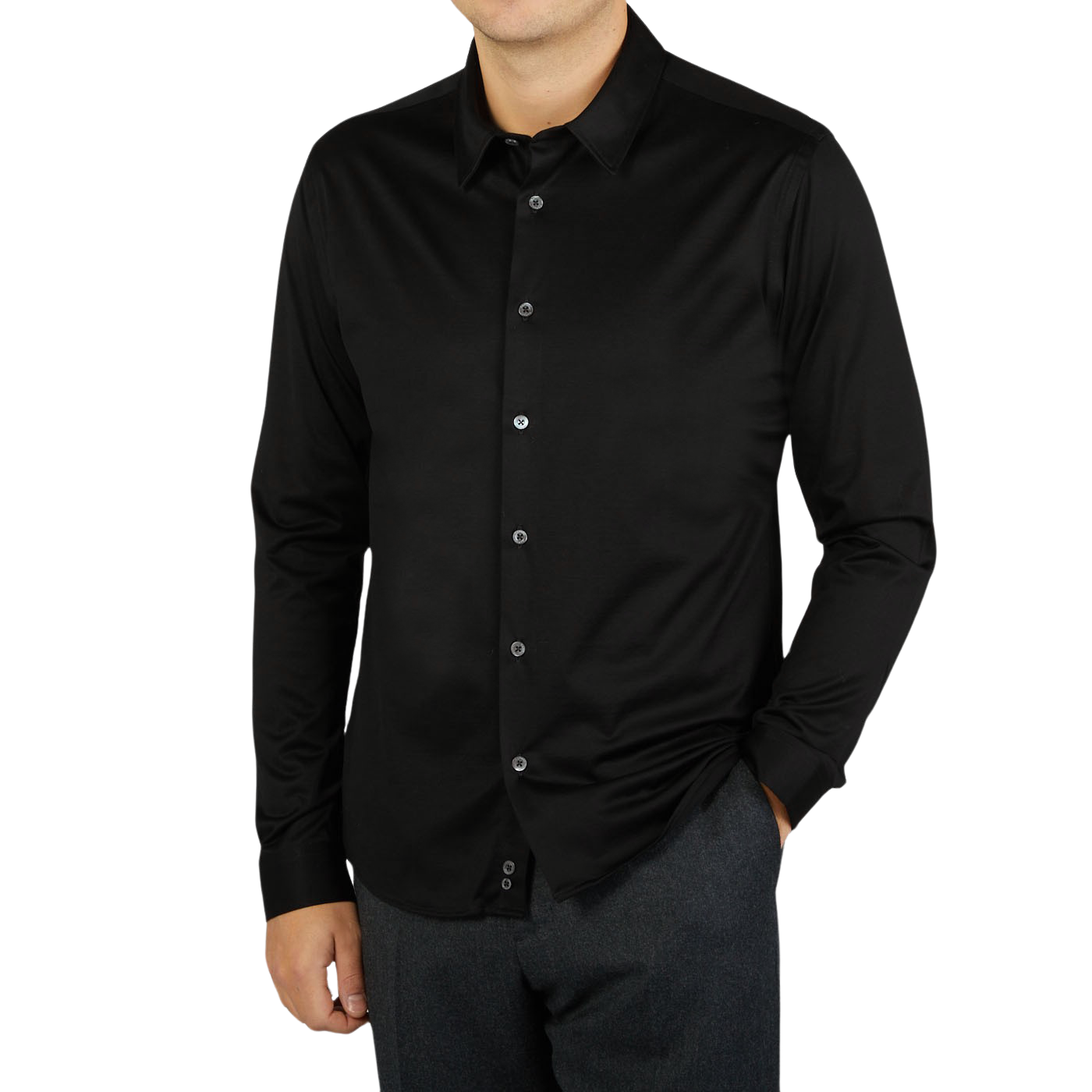 A contemporary man wearing a Canali Black Cotton Jersey Casual Shirt.