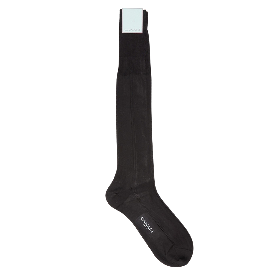 A pair of black knee length silk dress socks on a white background by Canali.