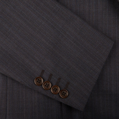 A Canali Blue Brown Melange Striped Wool Suit with a black stripe on it.