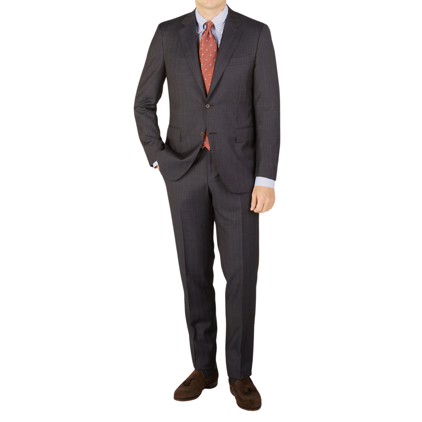 A man is posing for a picture in a Canali Blue Brown Melange Striped Wool Suit.