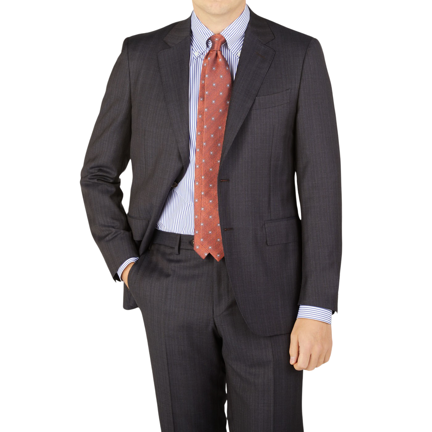 A man is posing in a blue-brown striped Blue Brown Melange Striped Wool suit by Canali.