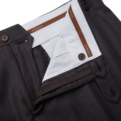 A close up of a Canali Blue Brown Melange Striped Wool Suit.