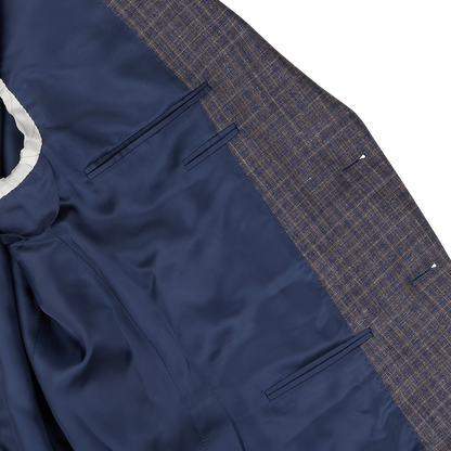Blue Gingham Checked Wool Silk Linen Blazer by Canali with zipped pockets, displayed flat.
