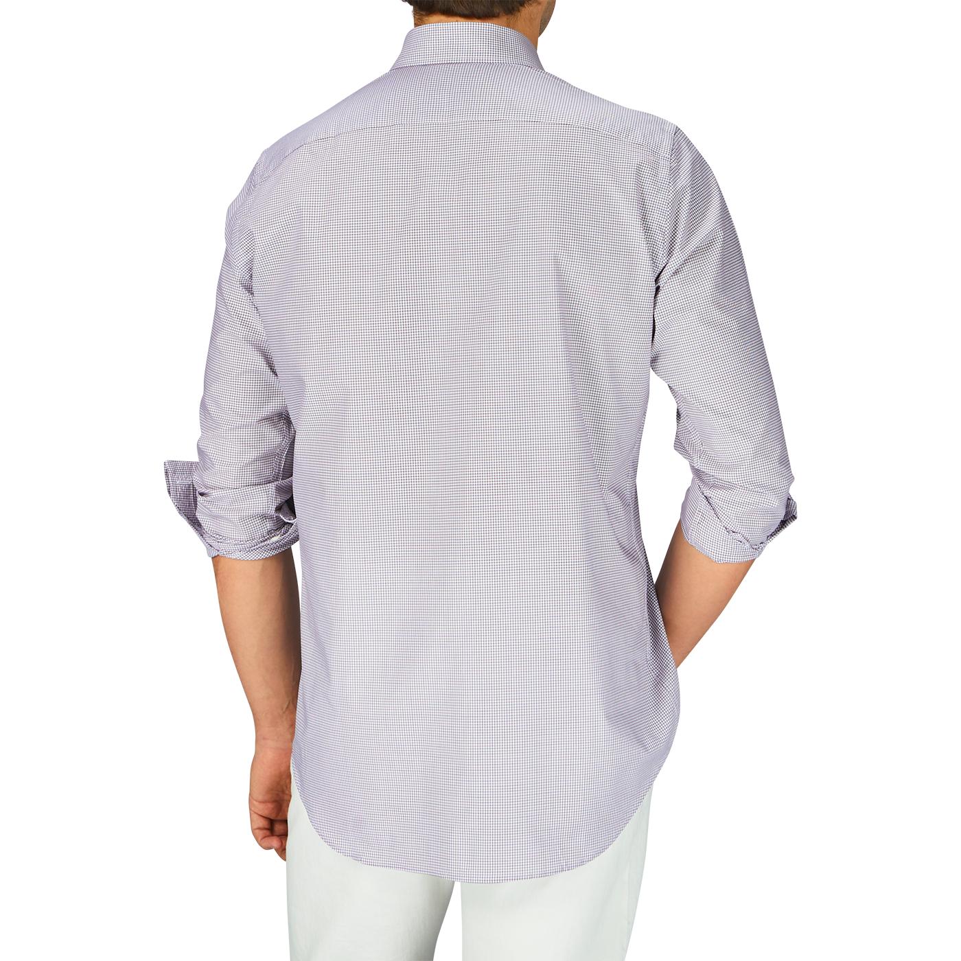 A man in a Brown Blue Checked Cotton Cut-Away Canali shirt and white pants.