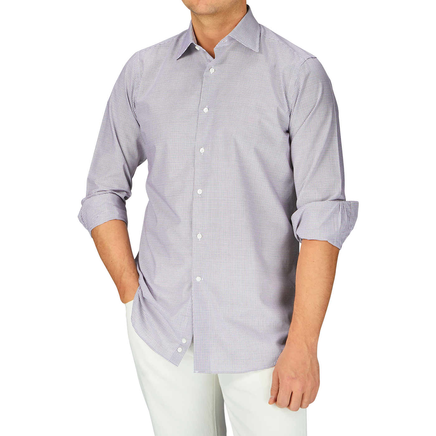 A man wearing a purple Canali shirt and white pants.