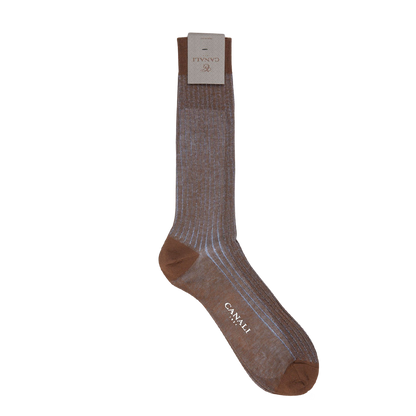 A pair of Canali Brown Blue Ribbed Cotton Vanisee socks, made with luxurious Egyptian cotton, displayed on a clean white background.