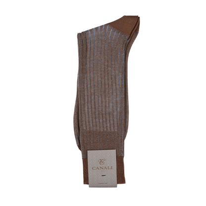 A pair of Brown Blue Ribbed Cotton Canali socks on a white background.