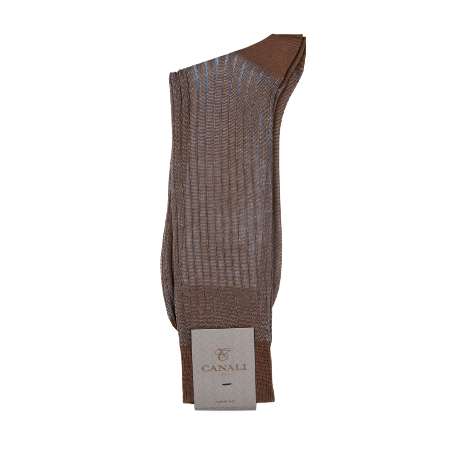 A pair of Brown Blue Ribbed Cotton Canali socks on a white background.