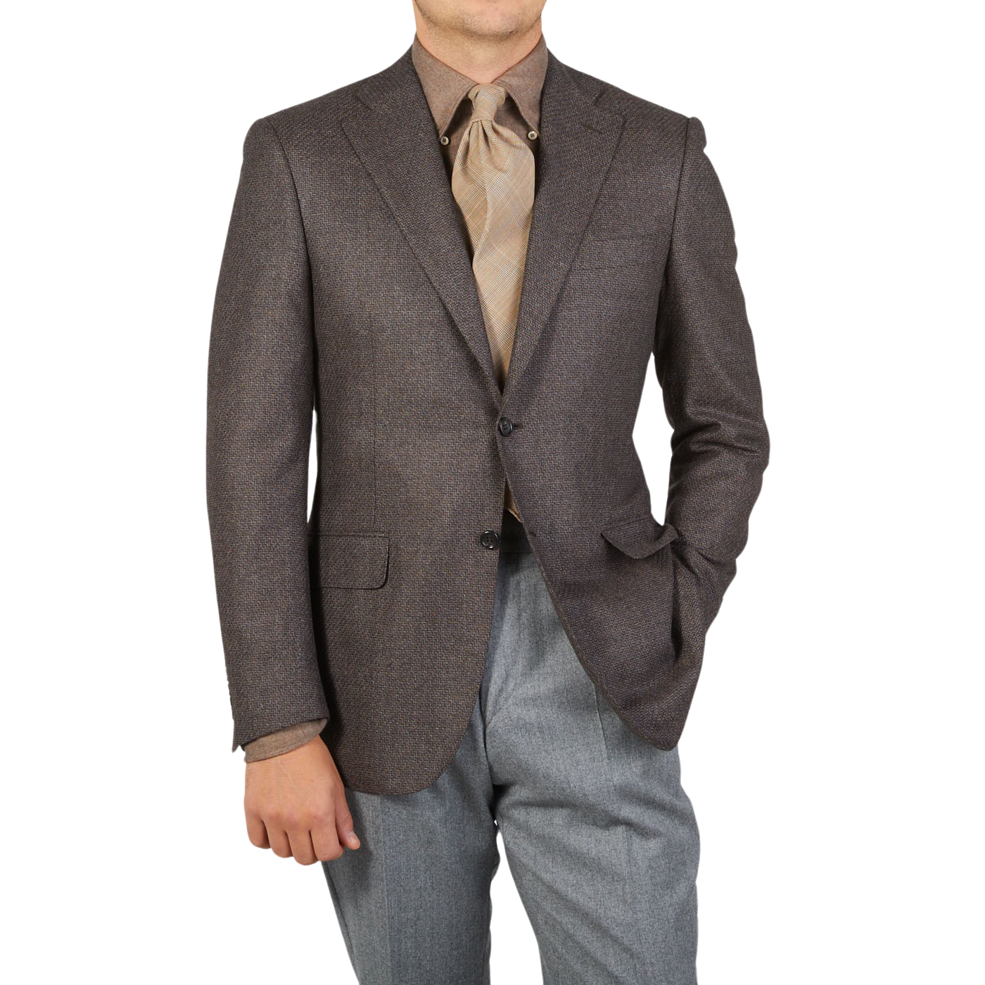 A man is posing in a brown Grey Zig Zag Wool Drop 6 Canali Blazer.