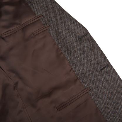 A close up of a brown Canali Brown Grey Zig Zag Wool Drop 6 Blazer.
