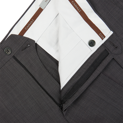 A formal pair of Charcoal Wool End On End Flat Front Trousers from Canali with a side pocket.