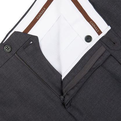 A close up of a Canali Charcoal Grey Wool Notch Lapel Suit.