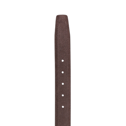 A close-up of the Canali Dark Brown Suede Leather 35mm Belt shows five holes and a gleaming silver buckle. Made in Italy, this accessory embodies timeless craftsmanship.