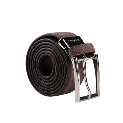 A rolled-up Canali Dark Brown Suede Leather 35mm Belt with a shiny silver buckle, made in Italy, rests on a white background.