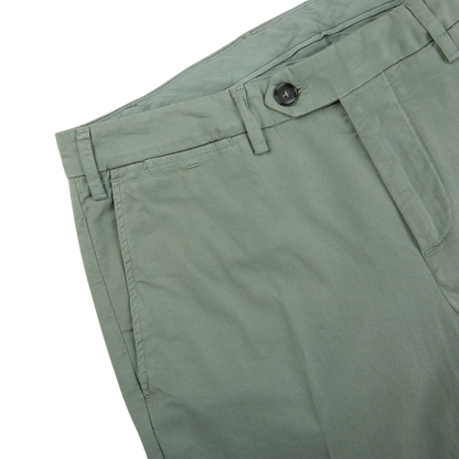 A close up of Canali men's Sage Green Cotton Stretch Flat Front Chinos.