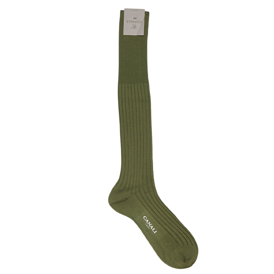 A pair of Canali Green Knee Long Ribbed Cotton Socks on a white background.