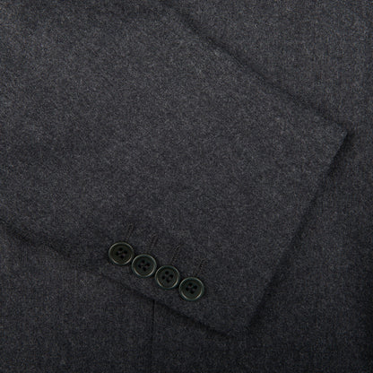 A close up of a structured shoulder Canali grey melange wool flannel suit.