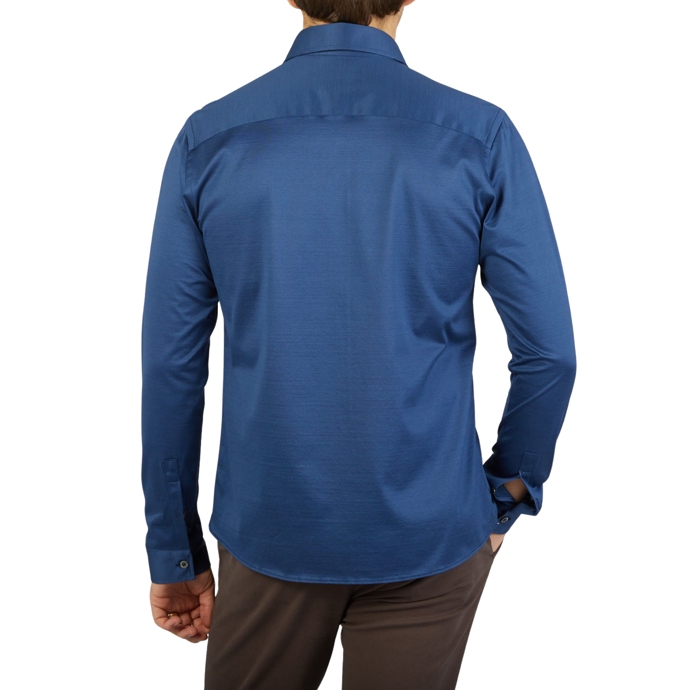 The back view of a contemporary man wearing an Indigo Blue Cotton Jersey Casual Canali shirt.