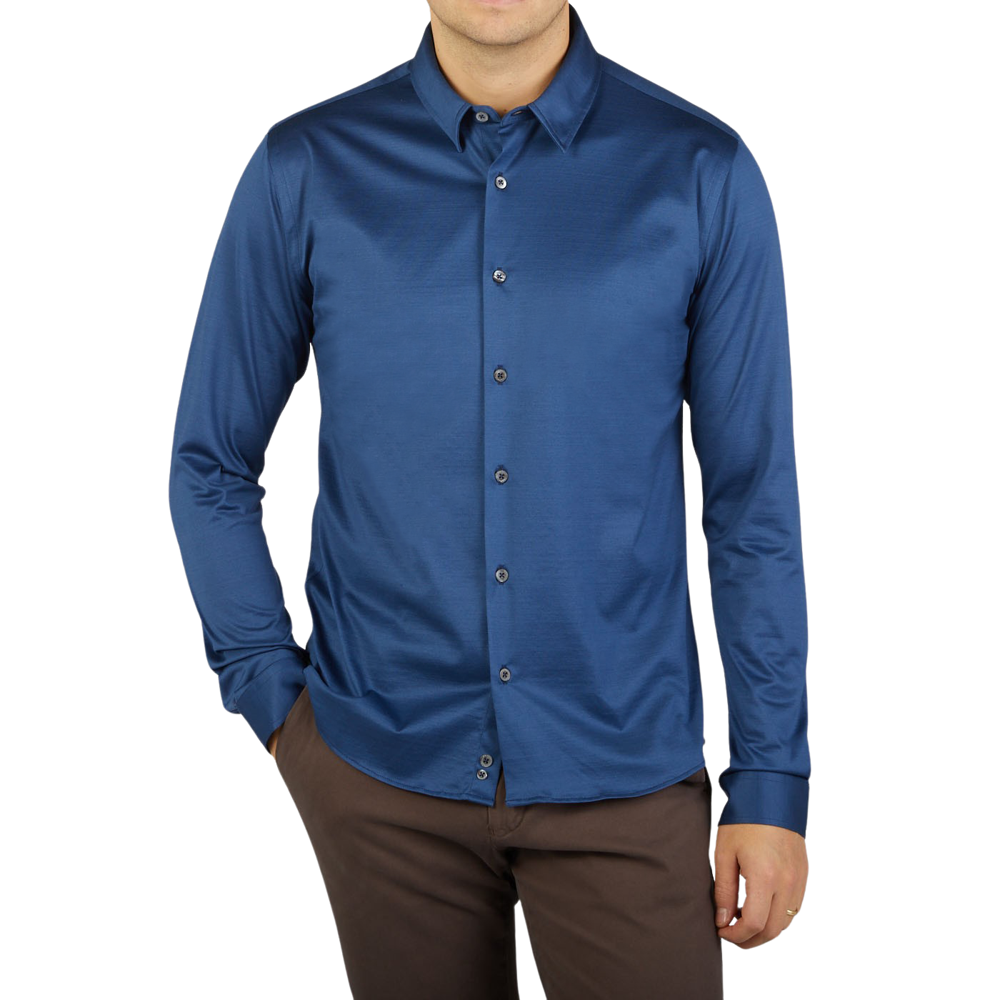 A contemporary man wearing a Canali Indigo Blue Cotton Jersey Casual Shirt.