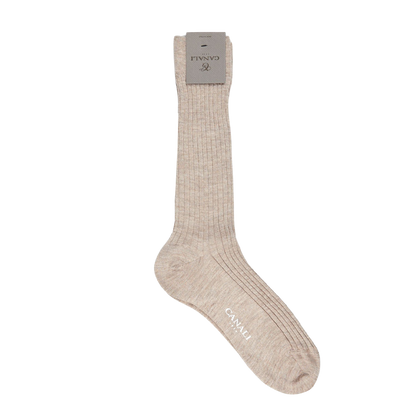 A pair of Light Beige Cashmere Silk Ribbed Socks made by Canali on a white background.