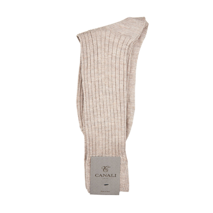 A pair of Light Beige Cashmere Silk Ribbed Socks by Canali on a white background.
