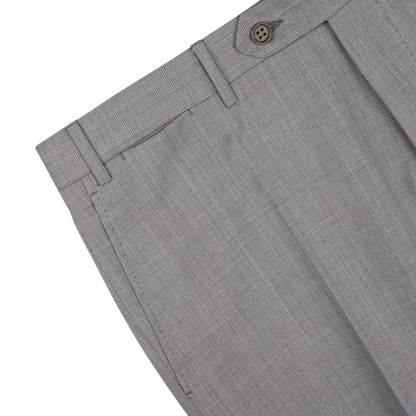 Classic Light Grey Micro Check Wool Suit pants with pleats on a white background. (Canali)