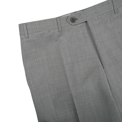 A close up image of Canali Light Grey Micro Check Wool Trousers.