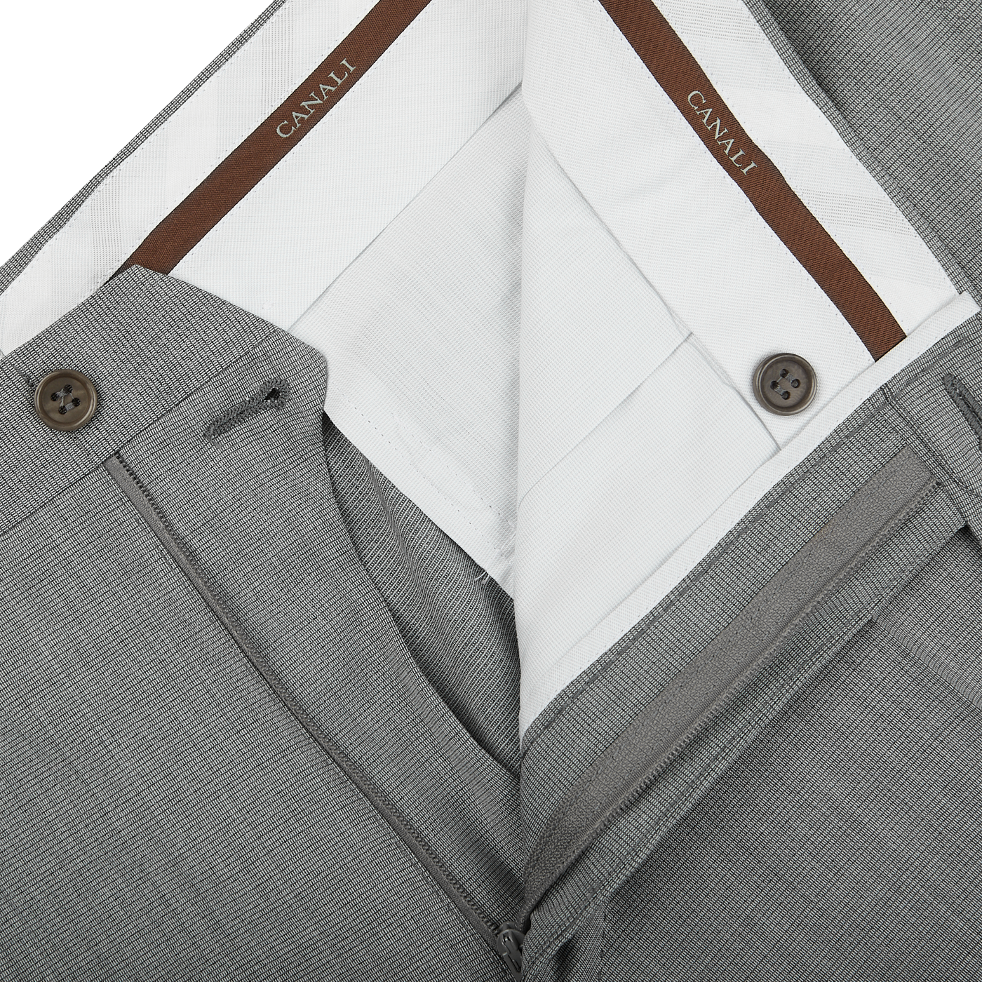An image of a Canali tailored Light Grey Micro Check Wool Trousers with a brown belt.