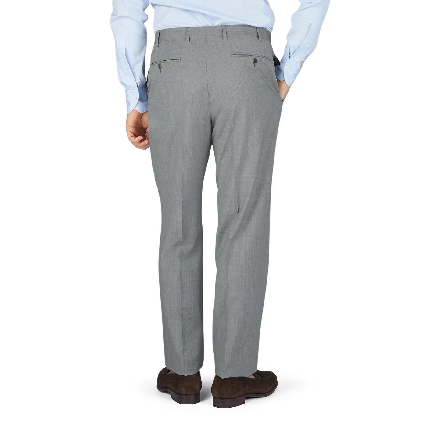 The man is seen from behind in a tailored formal grey suit, with Canali Light Grey Micro Check Wool Trousers.