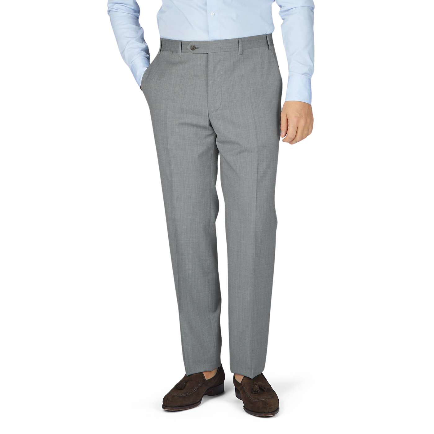 A man dressed in formal attire, sporting Canali Light Grey Micro Check Wool Trousers and a wool fabric blazer.