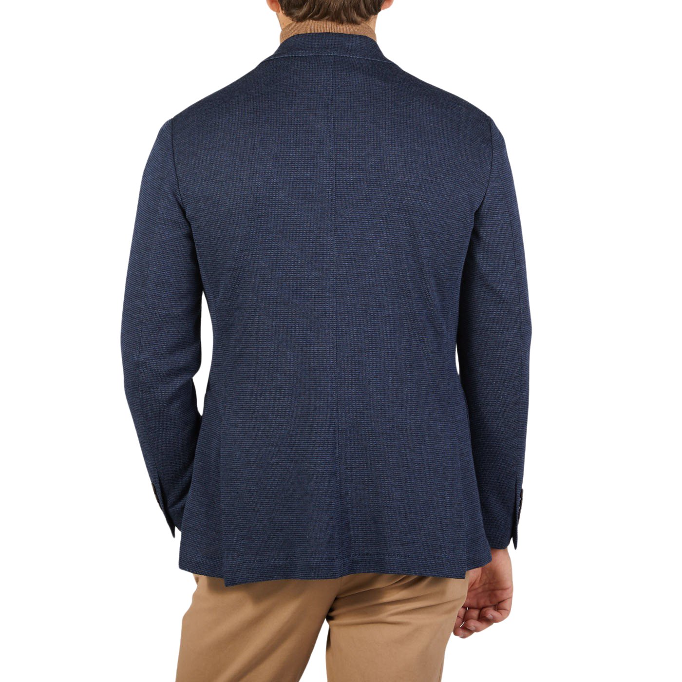 A man wearing a Canali Navy Blue Melange Wool Jersey Jacket showcasing casual tailoring.