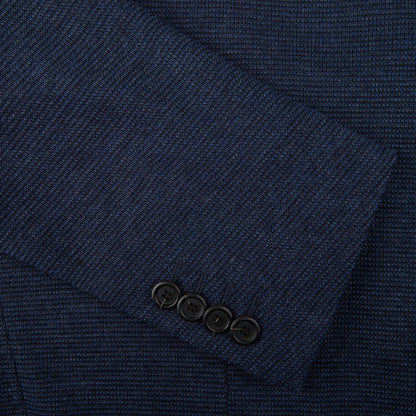 A close up of a Canali Navy Blue Melange Wool Jersey Jacket with buttons in casual tailoring.
