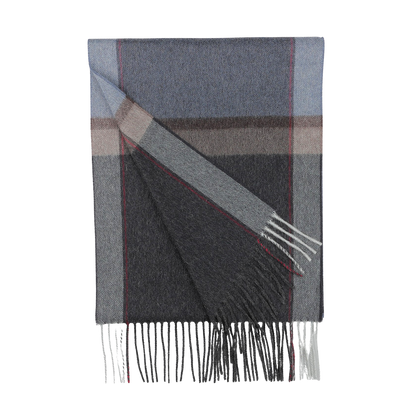 A luxurious Canali cashmere scarf in a grey hue, featuring a classic plaid pattern with red and beige accents, complemented by subtle stripes of Canali's signature navy blue. The scarf is elegantly finished with fringed ends.