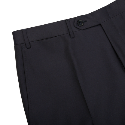 A close up of Canali navy blue wool twill formal trousers.