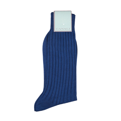 A pair of Canali Royal Blue Ribbed Cotton Socks made with Egyptian cotton on a white background.