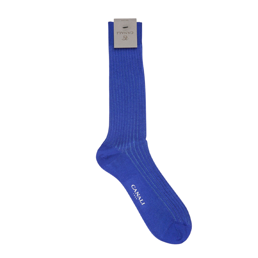 A pair of Canali Royal Sky Ribbed Cotton Vanisee socks on a white background made of royal blue melange.