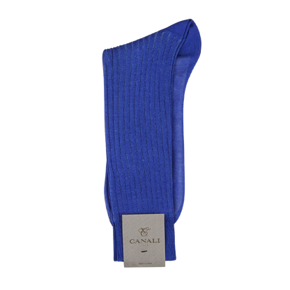 A Canali Royal Sky Ribbed Cotton Vanisee sock with a label on it.