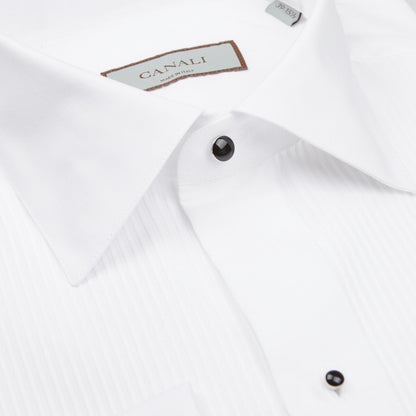 A close up of a Canali White Cotton Double Cuff Pleated Dress Shirt.