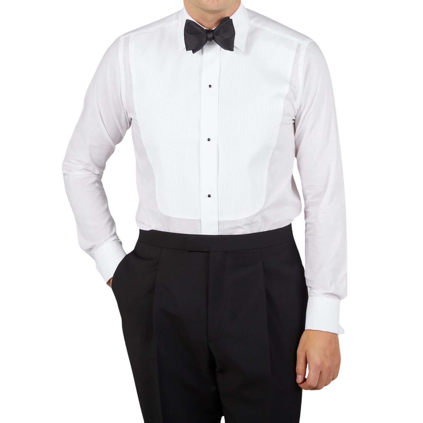 A man wearing a formal Canali White Cotton Double Cuff Pleated Dress Shirt and black pants.