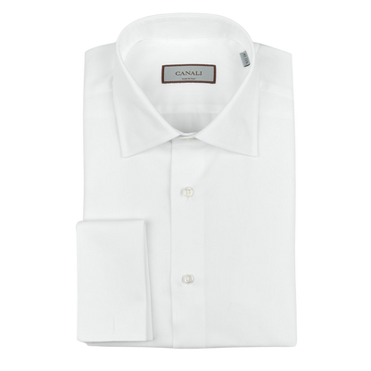 A Canali White Cotton Double Cuff Plain Dress Shirt with a collar and cuffs.