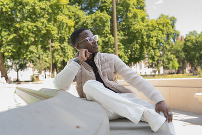 Cream Cash-Feel Knit Sleeve Padded Blouson