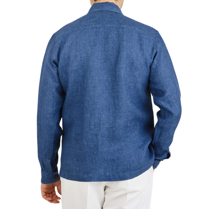 Eton Blue Linen Twill Overshirt Back